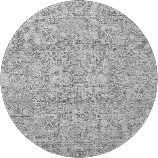 8' Gray And Silver Floral Washable Round Rug With UV Protection Photo 4