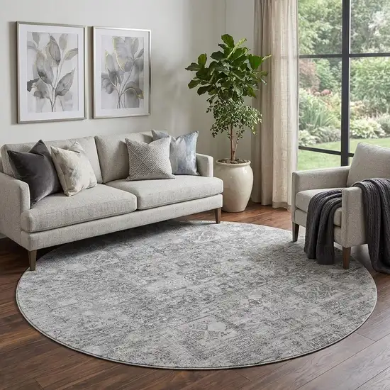 8' Gray And Silver Floral Washable Round Rug With UV Protection Photo 1