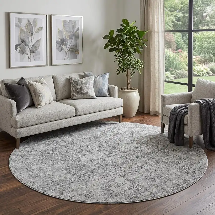 8' Gray And Silver Floral Washable Round Rug With UV Protection Photo 1