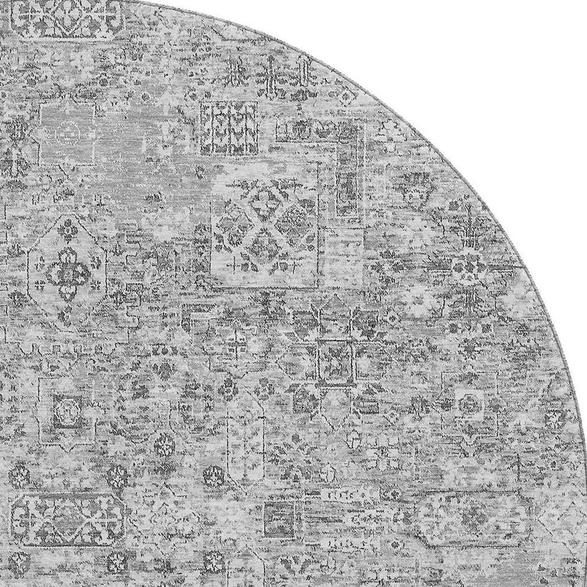 8' Gray And Silver Floral Washable Round Rug With UV Protection Photo 3