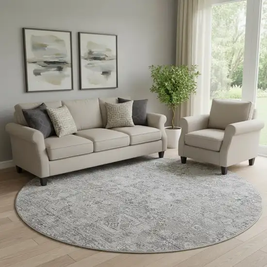 8' Gray And Silver Floral Washable Round Rug With UV Protection Photo 1