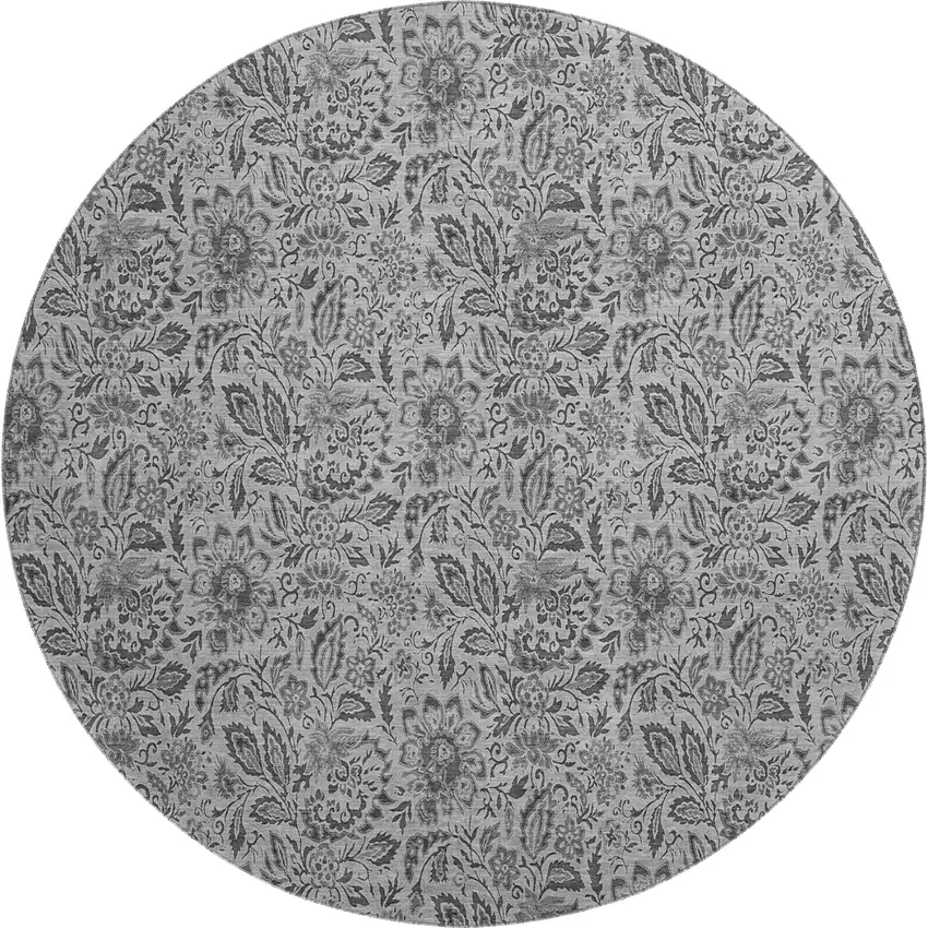 8' Gray And Silver Floral Washable Round Rug With UV Protection Photo 1