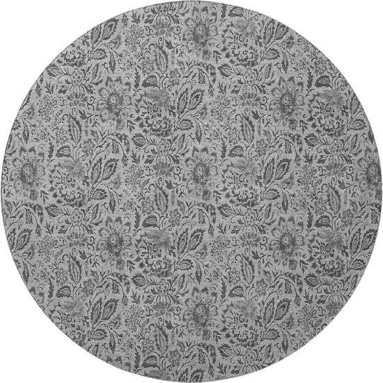 8' Gray And Silver Floral Washable Round Rug With UV Protection Photo 2