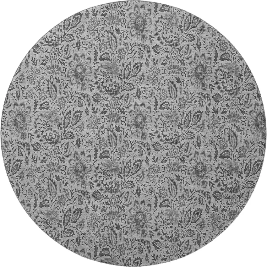 8' Gray And Silver Floral Washable Round Rug With UV Protection Photo 2