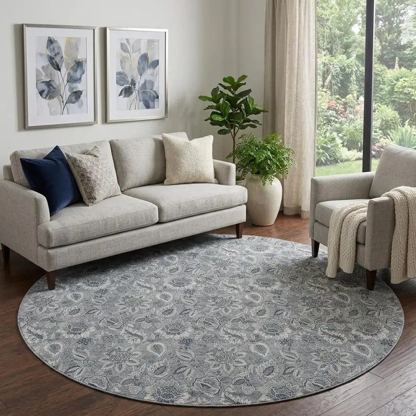 8' Gray And Silver Floral Washable Round Rug With UV Protection Photo 1