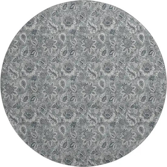 8' Gray And Silver Floral Washable Round Rug With UV Protection Photo 6