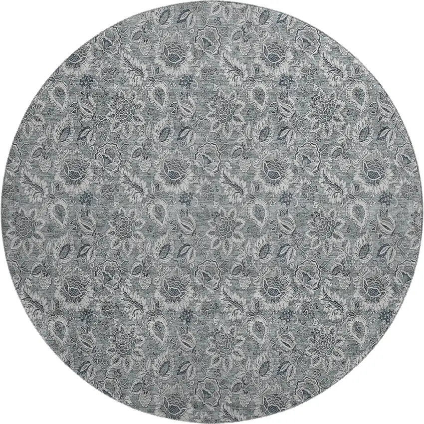 8' Gray And Silver Floral Washable Round Rug With UV Protection Photo 6