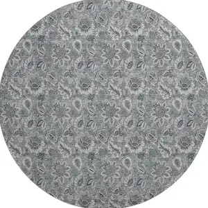 Photo of 8' Gray And Silver Floral Washable Round Rug With UV Protection