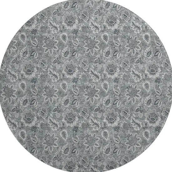 8' Gray And Silver Floral Washable Round Rug With UV Protection Photo 1