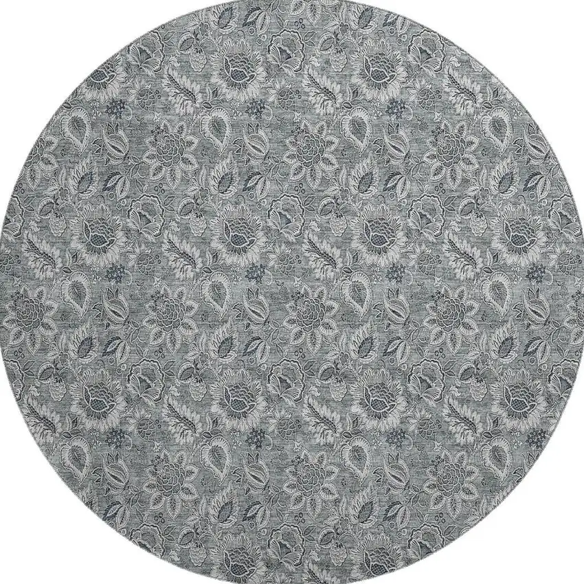8' Gray And Silver Floral Washable Round Rug With UV Protection Photo 1