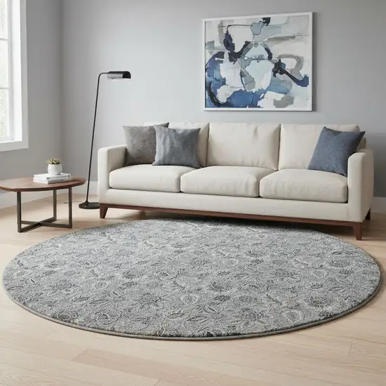 8' Gray And Silver Floral Washable Round Rug With UV Protection Photo 2