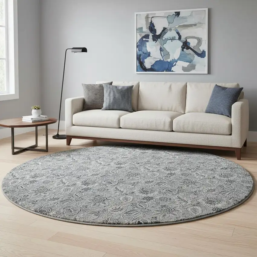8' Gray And Silver Floral Washable Round Rug With UV Protection Photo 2