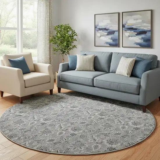 8' Gray And Silver Floral Washable Round Rug With UV Protection Photo 1