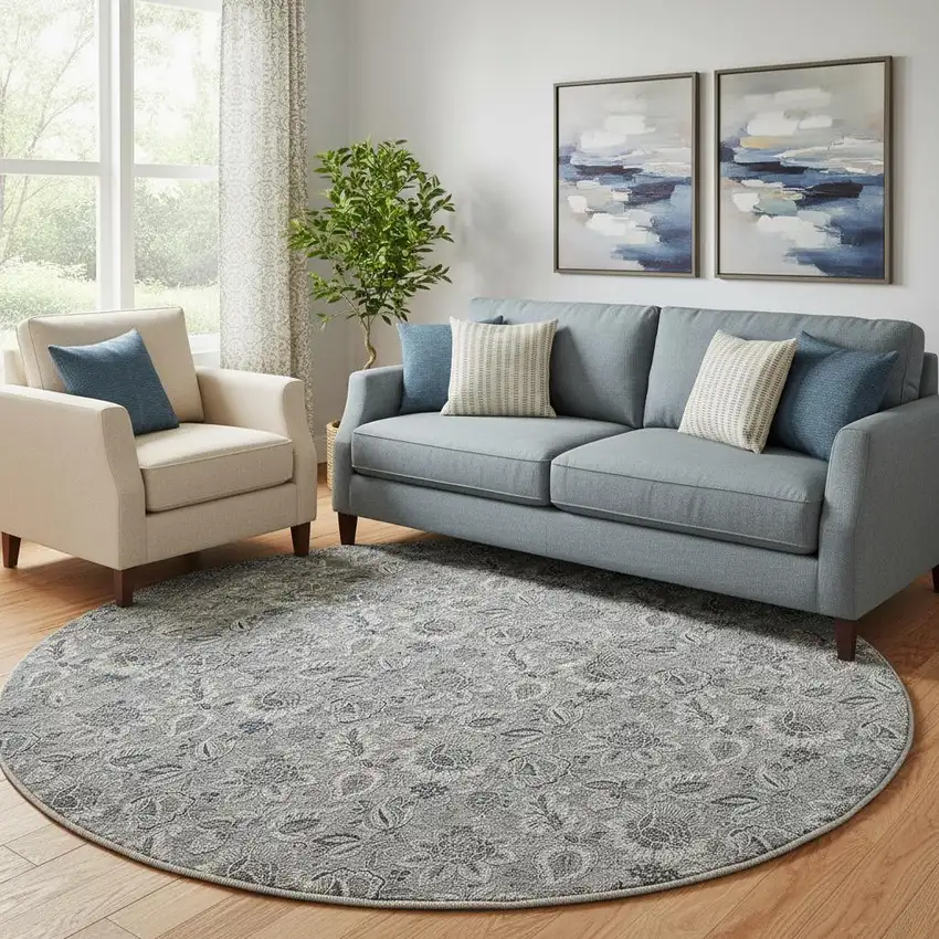 8' Gray And Silver Floral Washable Round Rug With UV Protection Photo 1