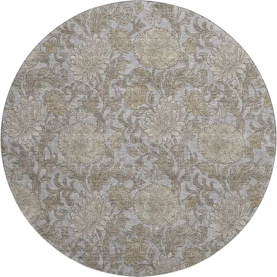 8' Gray And Silver Floral Washable Round Rug With UV Protection Photo 1