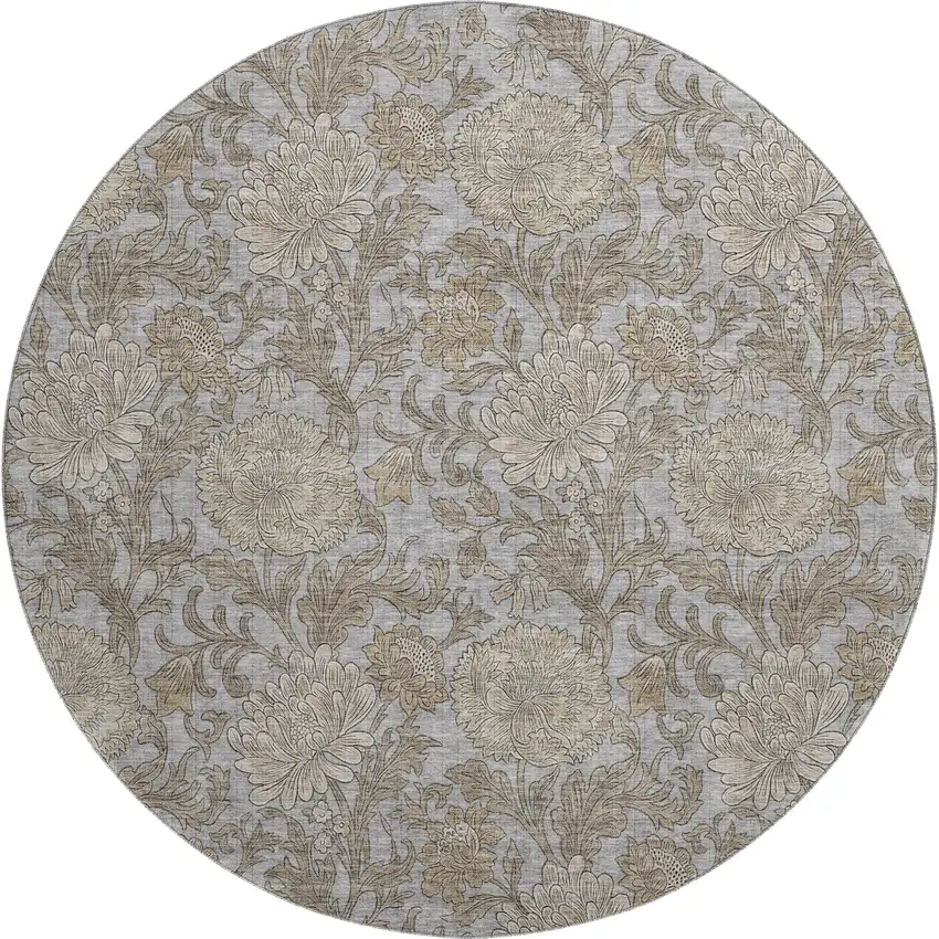 8' Gray And Silver Floral Washable Round Rug With UV Protection Photo 1