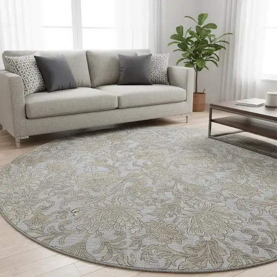 8' Gray And Silver Floral Washable Round Rug With UV Protection Photo 2