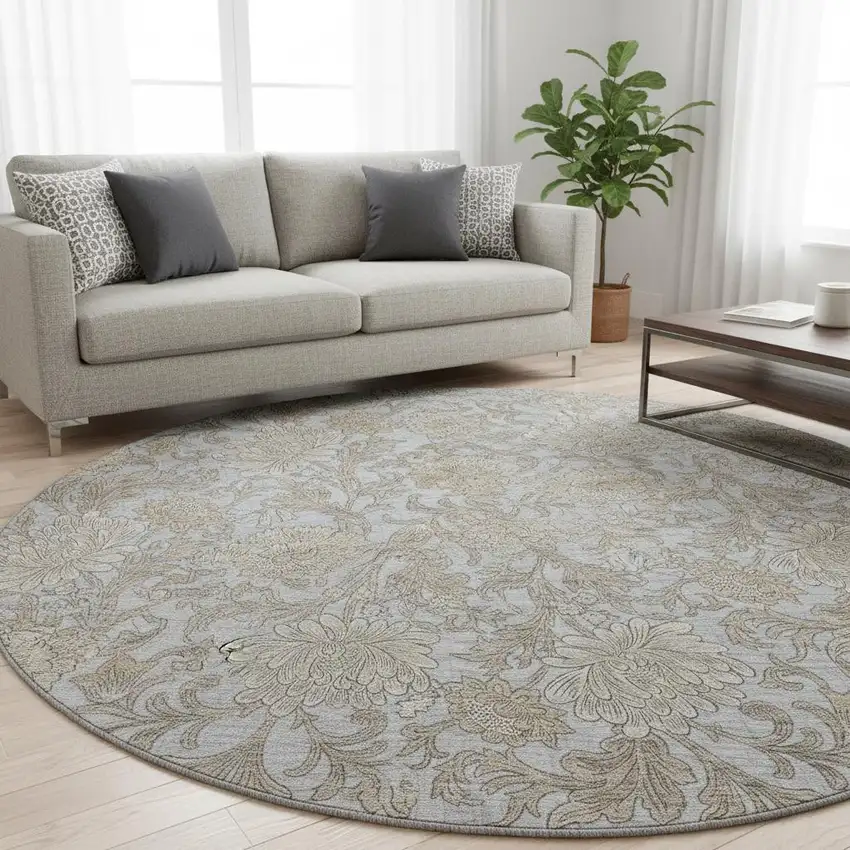 8' Gray And Silver Floral Washable Round Rug With UV Protection Photo 2