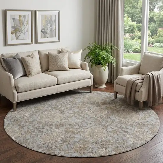 8' Gray And Silver Floral Washable Round Rug With UV Protection Photo 1