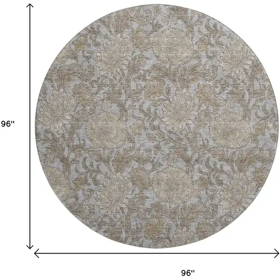 8' Gray And Silver Floral Washable Round Rug With UV Protection Photo 6