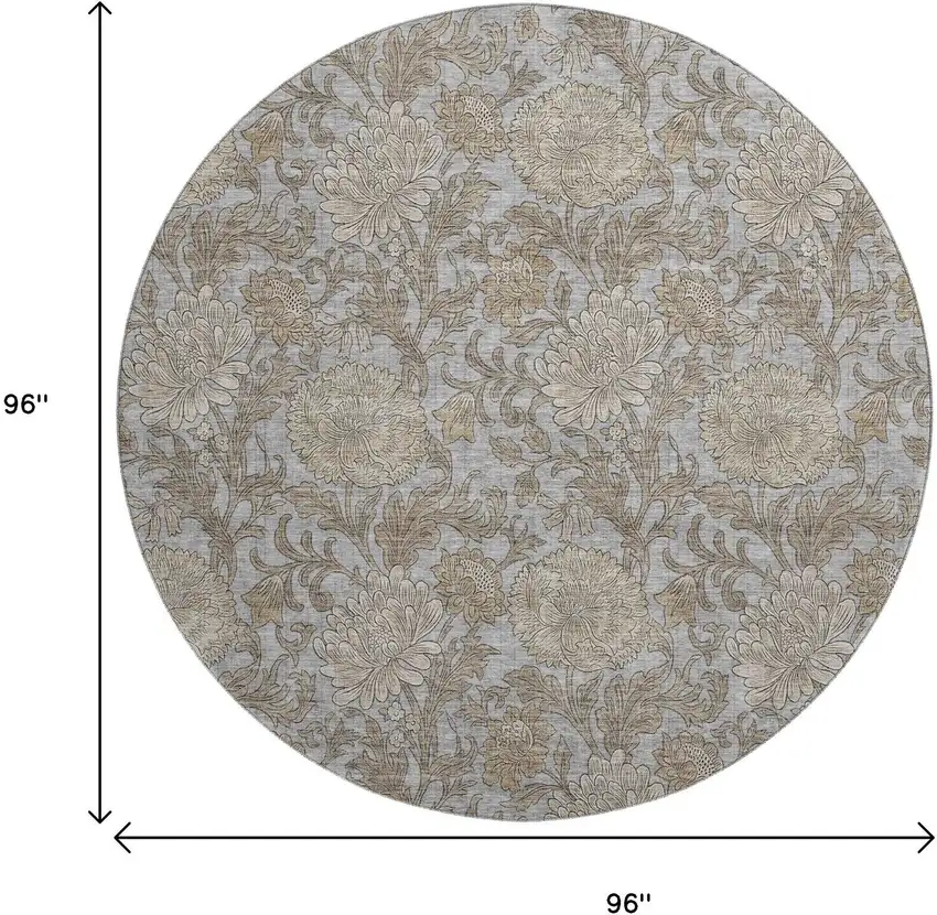 8' Gray And Silver Floral Washable Round Rug With UV Protection Photo 6