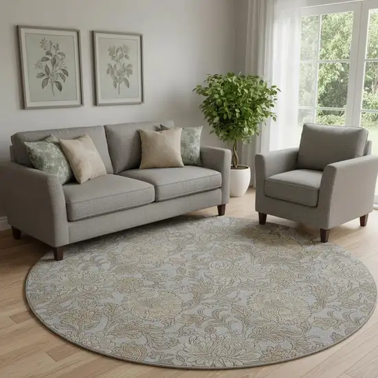 8' Gray And Silver Floral Washable Round Rug With UV Protection Photo 1