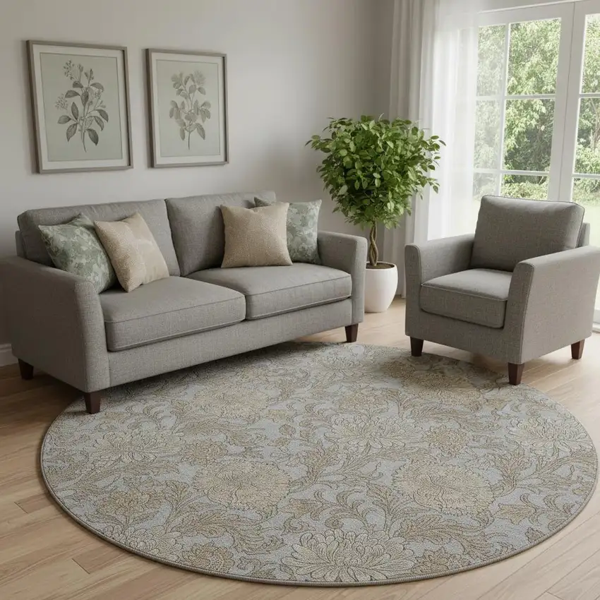 8' Gray And Silver Floral Washable Round Rug With UV Protection Photo 1