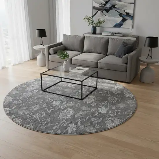 8' Gray And Silver Floral Washable Round Rug With UV Protection Photo 2