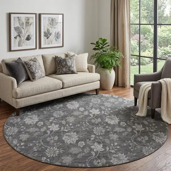 8' Gray And Silver Floral Washable Round Rug With UV Protection Photo 1