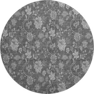 Photo of 8' Gray And Silver Floral Washable Round Rug With UV Protection