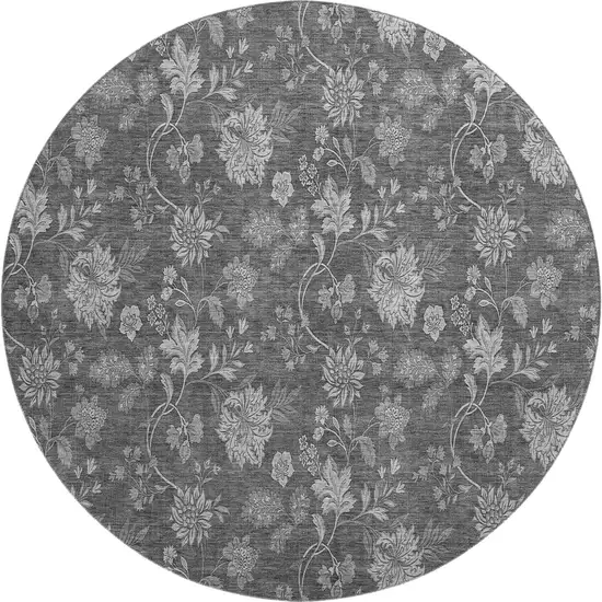8' Gray And Silver Floral Washable Round Rug With UV Protection Photo 1