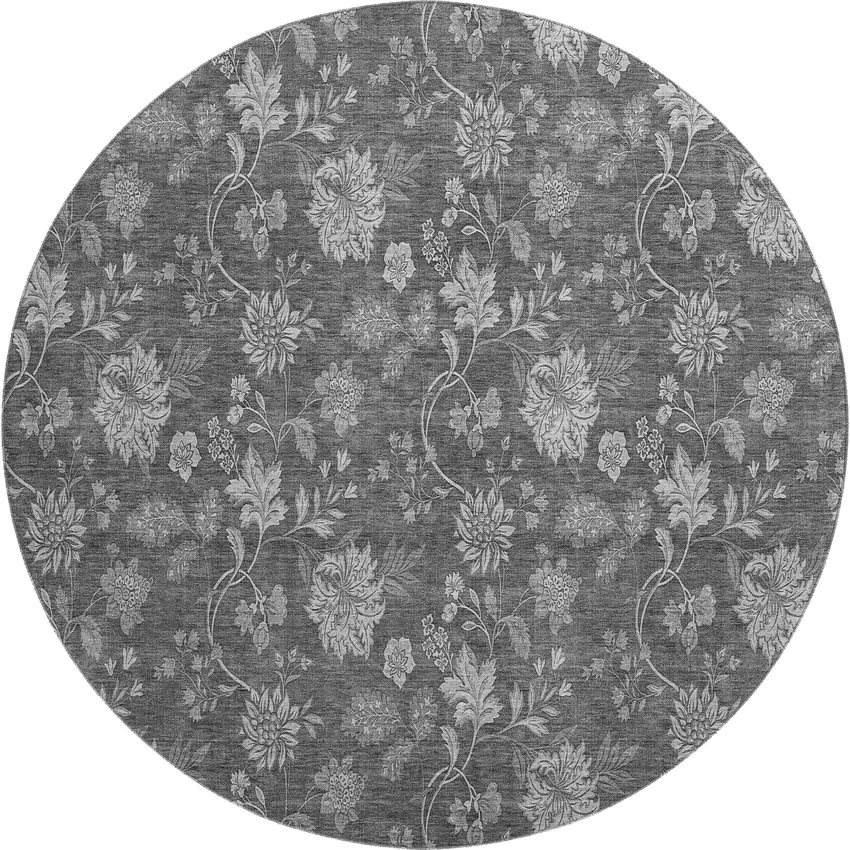 8' Gray And Silver Floral Washable Round Rug With UV Protection Photo 1