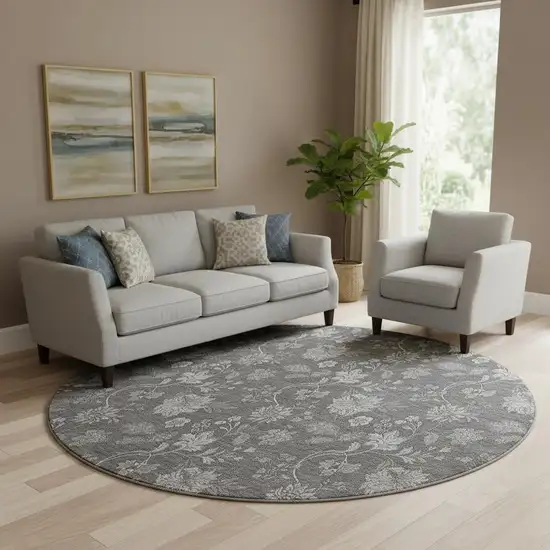 8' Gray And Silver Floral Washable Round Rug With UV Protection Photo 1