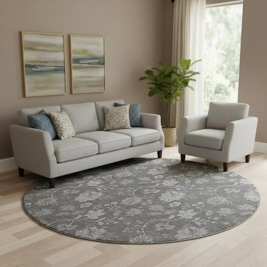 8' Gray And Silver Floral Washable Round Rug With UV Protection Photo 1