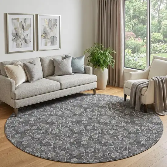 8' Gray And Silver Floral Washable Round Rug With UV Protection Photo 1