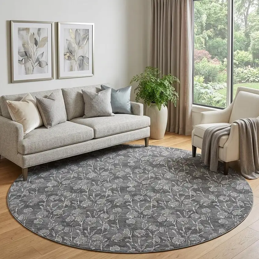 8' Gray And Silver Floral Washable Round Rug With UV Protection Photo 1