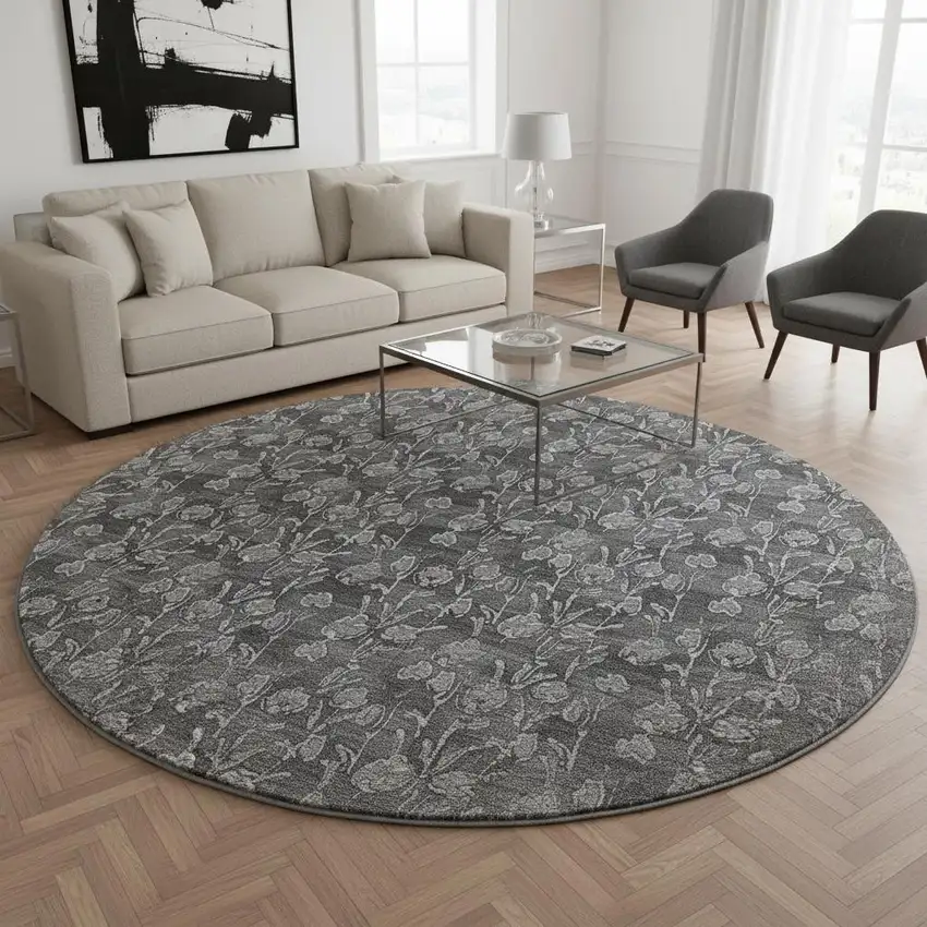 8' Gray And Silver Floral Washable Round Rug With UV Protection Photo 2