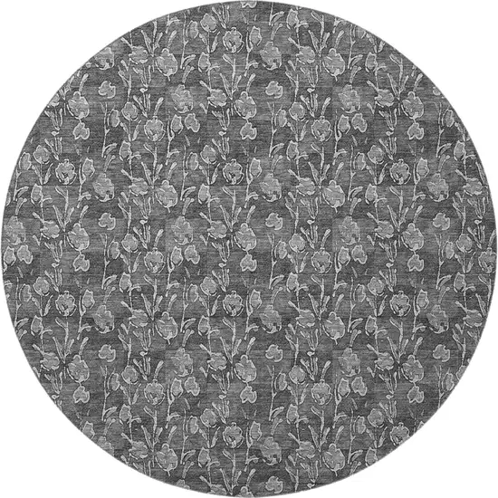 8' Gray And Silver Floral Washable Round Rug With UV Protection Photo 3
