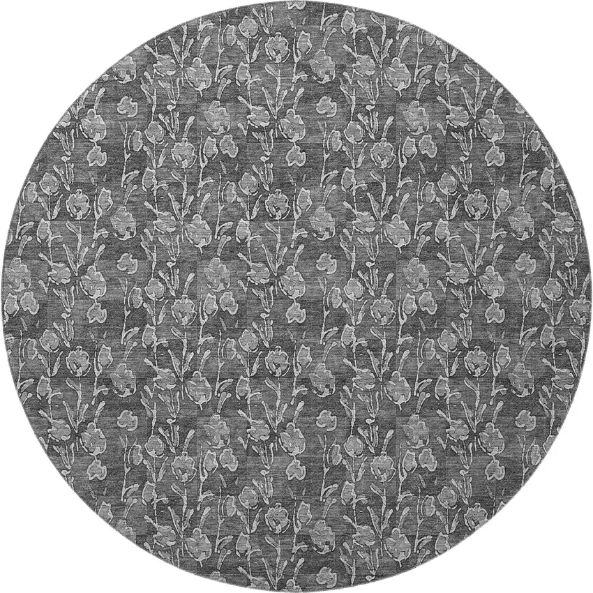 8' Gray And Silver Floral Washable Round Rug With UV Protection Photo 3