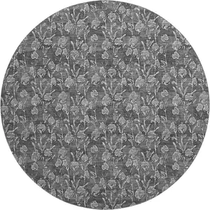Photo of 8' Gray And Silver Floral Washable Round Rug With UV Protection