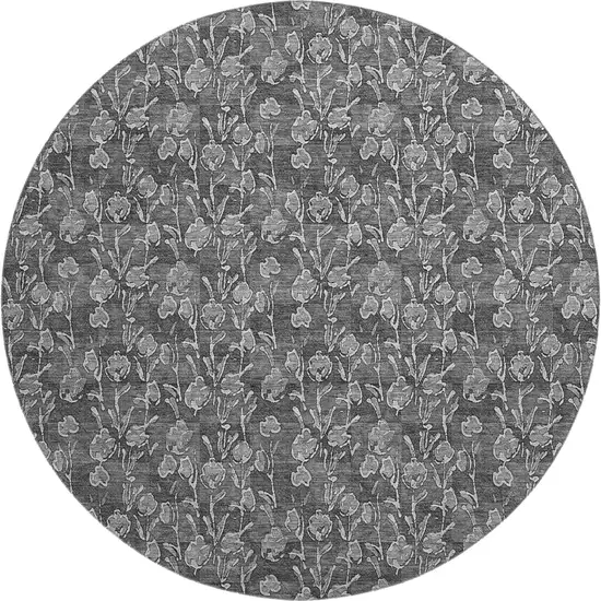 8' Gray And Silver Floral Washable Round Rug With UV Protection Photo 1