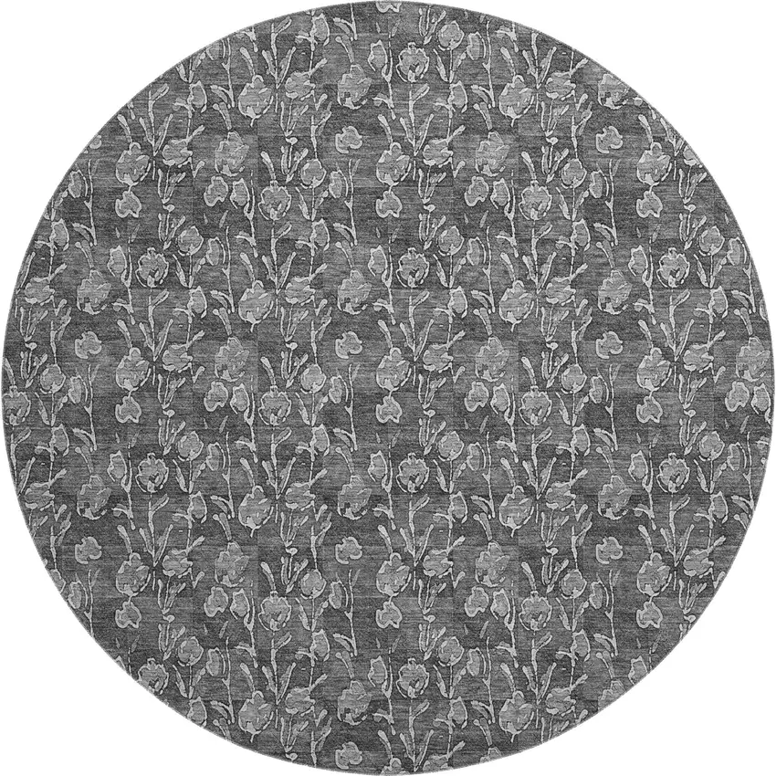 8' Gray And Silver Floral Washable Round Rug With UV Protection Photo 1