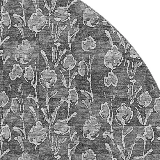 8' Gray And Silver Floral Washable Round Rug With UV Protection Photo 4