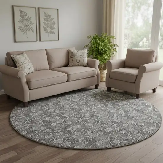 8' Gray And Silver Floral Washable Round Rug With UV Protection Photo 1