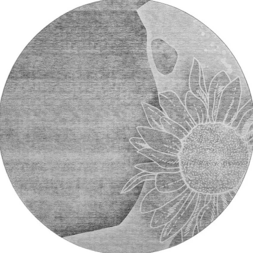 8' Gray And Silver Floral Washable Round Rug With UV Protection Photo 4