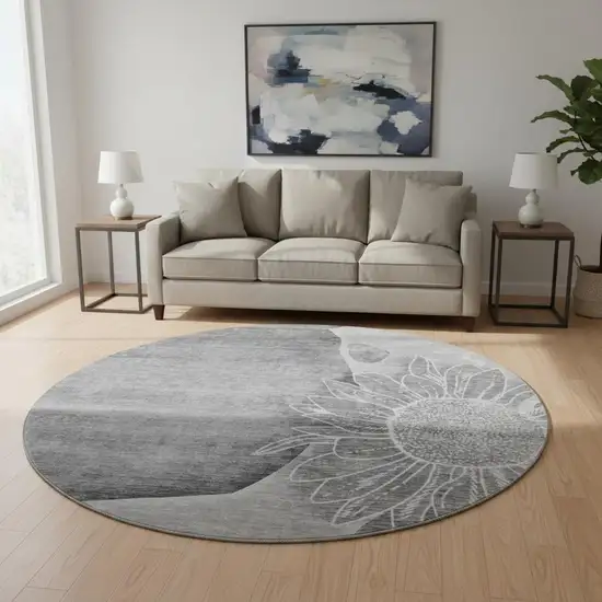 8' Gray And Silver Floral Washable Round Rug With UV Protection Photo 2