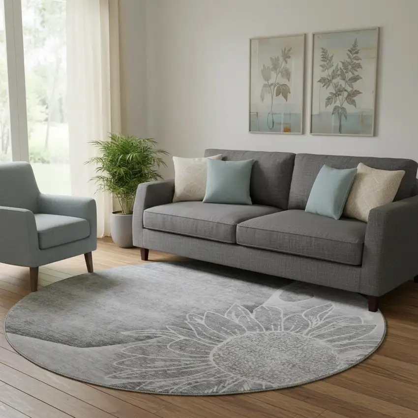 8' Gray And Silver Floral Washable Round Rug With UV Protection Photo 1