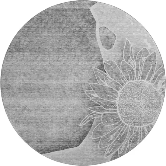 8' Gray And Silver Floral Washable Round Rug With UV Protection Photo 1