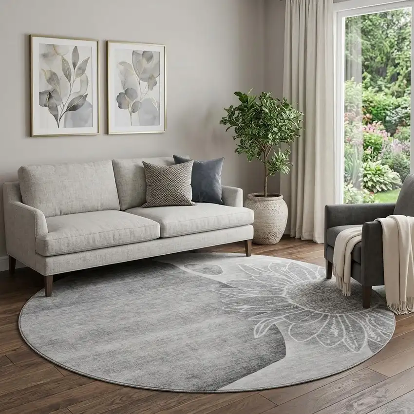 8' Gray And Silver Floral Washable Round Rug With UV Protection Photo 1