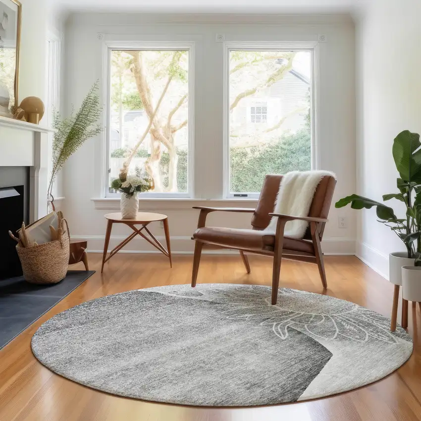 8' Gray And Silver Floral Washable Round Rug With UV Protection Photo 5